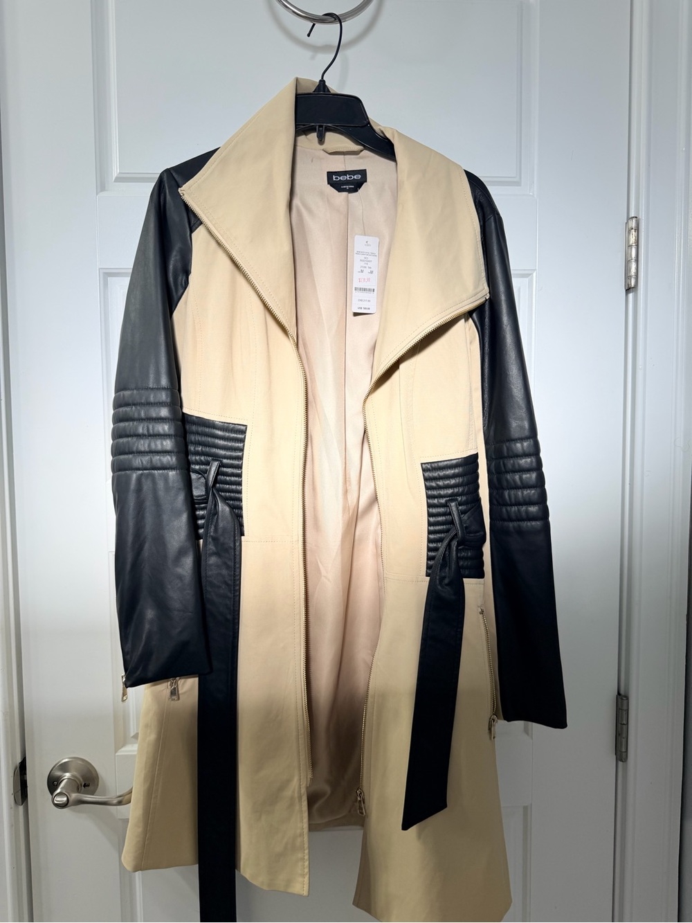bebe Cream Trench Coat with Black Leather Sleeves & Trim